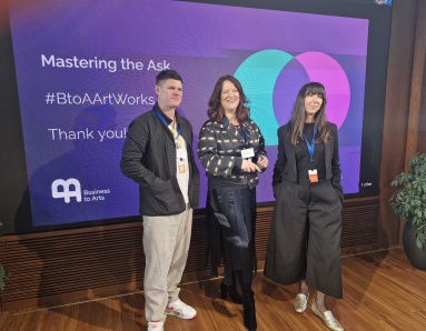 FUEL's Head of Brand Experience, Jonny Boyle, with Business to Arts Chief Executive, Louise O'Reilly, and THINKHOUSE Founder and Head of Creative Innovation, Jane McDaid