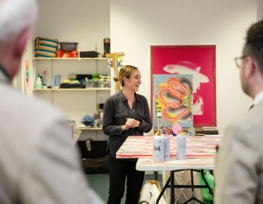 Dean Arts Studio resident Leah Hewson gives a studio tour to attendees during our April event to mark the Studios' launch. Photo: Killian Broderick