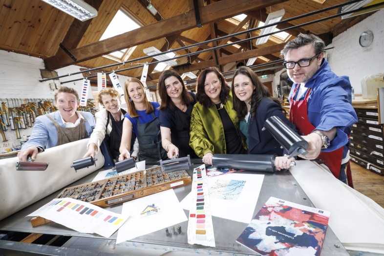 Pictured at the launch of the Business to Arts Awards 2026 are sponsors, Ronan Healy, Catapult, Meadhbh McClean, CBRE, Denise Charlton, Community Foundation Ireland, Jillian Saunders, ESB, Suzanne Linehan, Irish Life, Ger McNaughton, TileStyle &amp; Louise O’Reilly, Business to Arts at Graphic Studio Dublin. Picture Andres Poveda Photography.