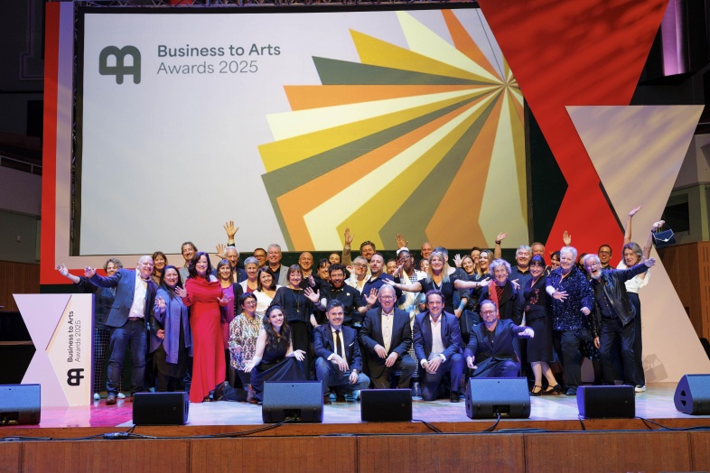 Winners of the 2025 Business to Arts Awards on stage at the National Concert Hall. Photo by Andres Poveda &amp; Conor McCabe