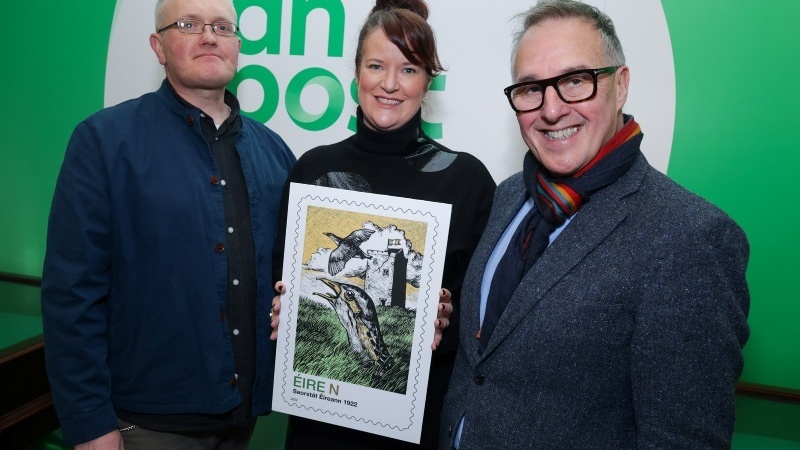 Artist Brian Gallagher with Louise O'Reilly, Chief Executive of Business to Arts, and David McRedmond, CEO of An Post at the launch of Brian's stamp commemorating Saorstát Éireann which was selected by open call. 